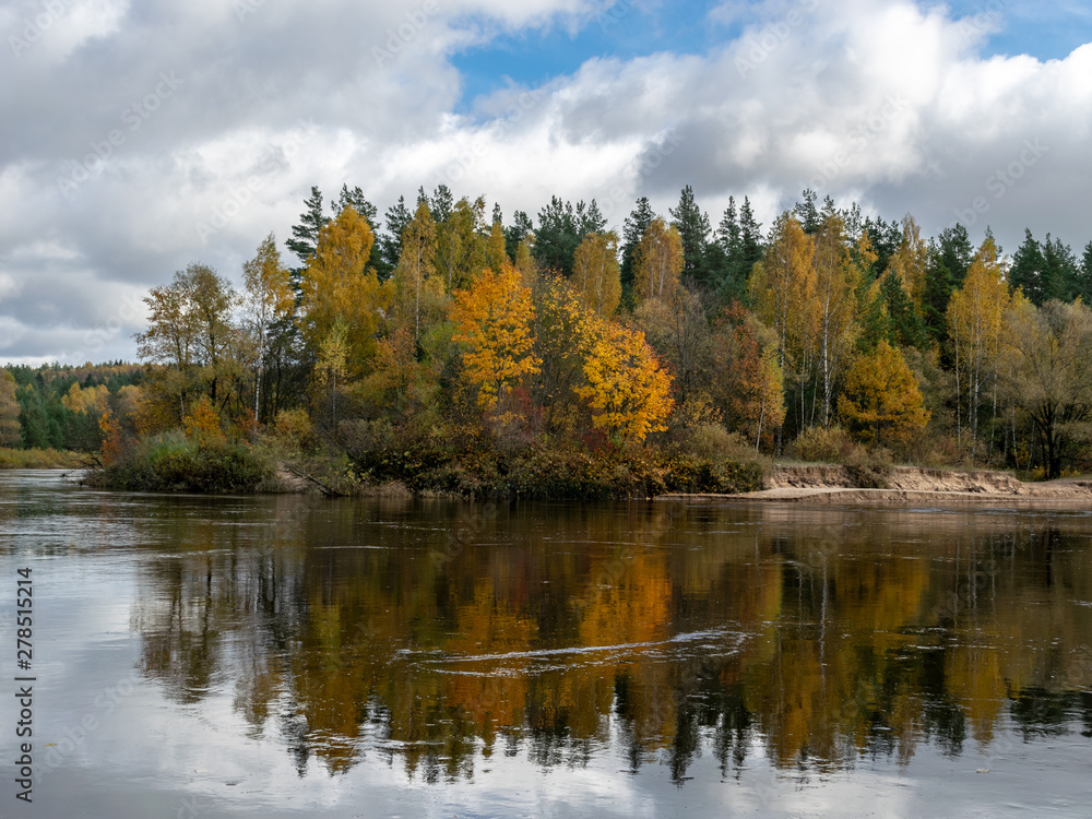 The river bank has grown up with beautiful colorful trees -