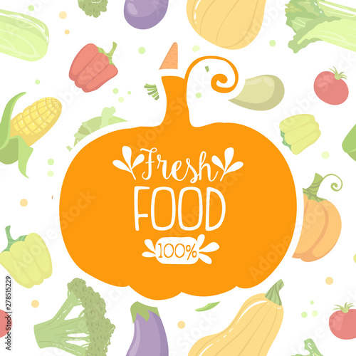 Fresh Food Banner Template with Farm Vegetables Seamless Pattern Vector Illustration
