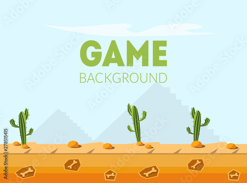 Game Background Banner Template, Desert Natural Landscape for Mobile or Computer Game User Interface Vector Illustration