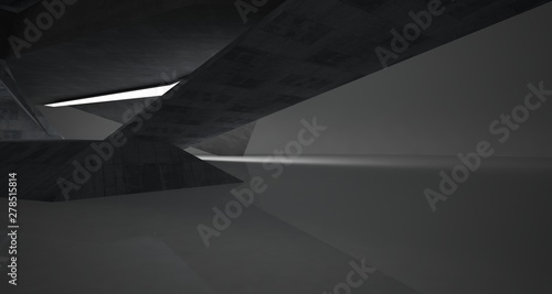 Abstract architectural concrete interior of a minimalist house with neon lighting. 3D illustration and rendering.