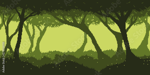 Spring or summer night forest - horizontal seamless pixelated backdrop for 8-bit games. Can be used as pixel background for creating levels, wallpapers etc.