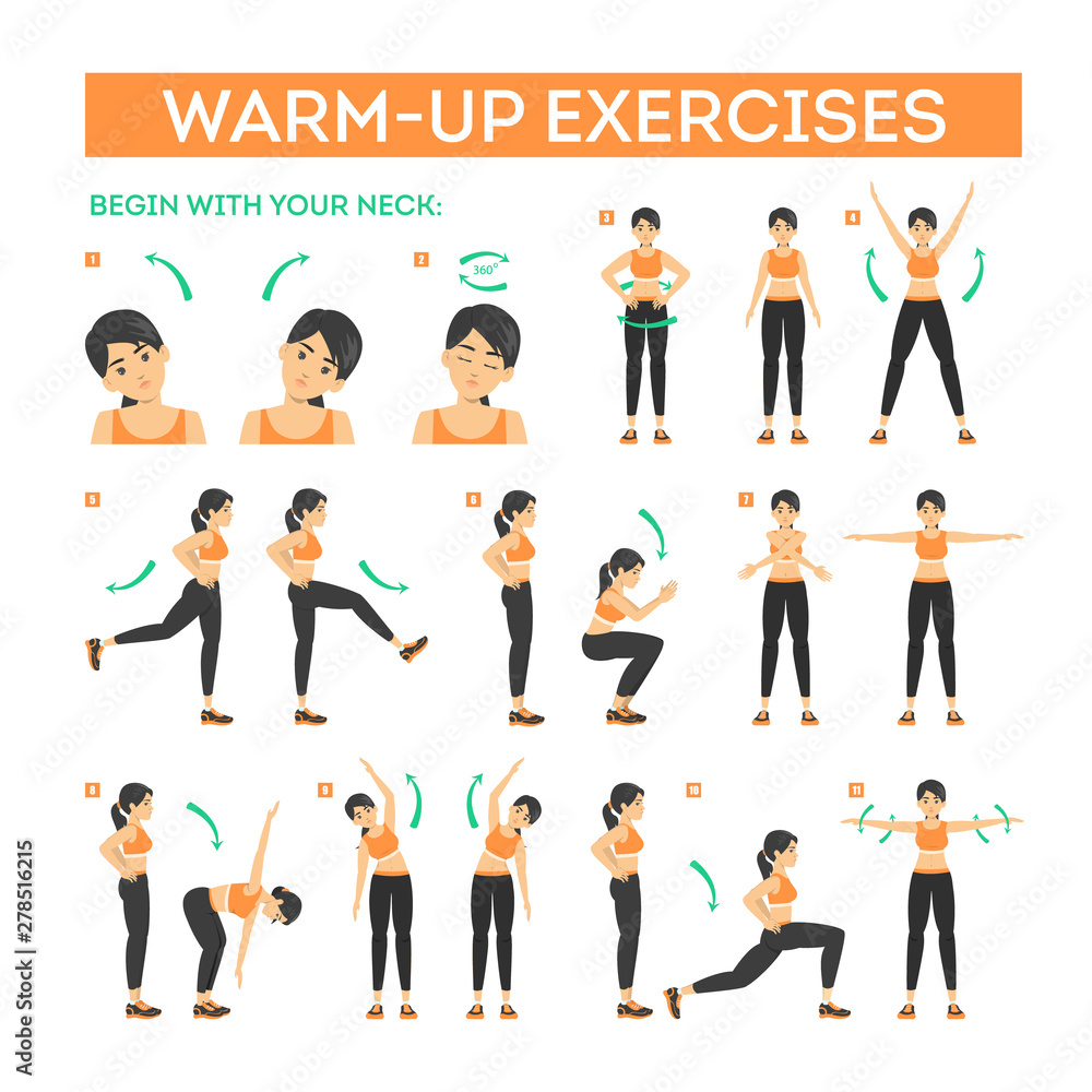 Warm-up exercise set before workout. Stretch muscles Stock Vector