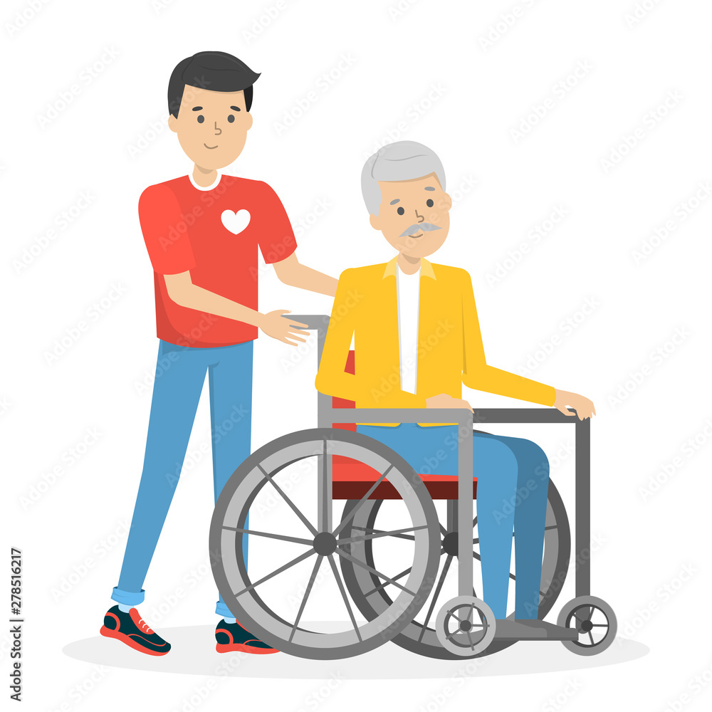 Volunteer help old disabled person in wheelchair Volunteer help old disabled person in wheelchair