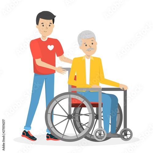 Volunteer help old disabled person in wheelchair
