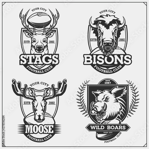 Set of vector football and soccer badges, labels and design elements. Sport club emblems with deer, bison, elk and wild boar. Print design for t-shirts.