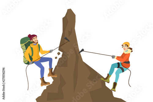 Alpinist couple climb the mountain. Extreme sport