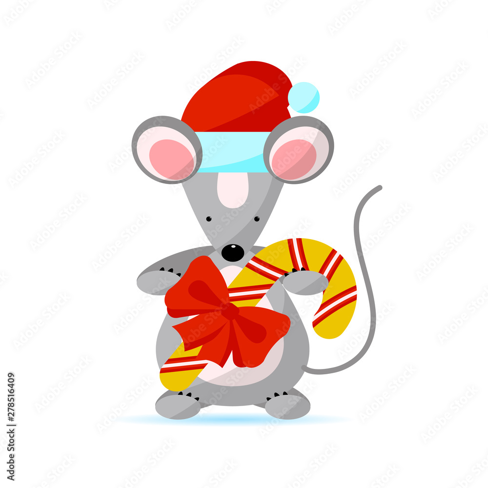 Naklejka premium Cute mouse wearing a Santa hat holds Christmas candy. Creative character for 2020 New Year on white background. Rat symbol of the year in the Chinese calendar. Vector illustration. Funny design.