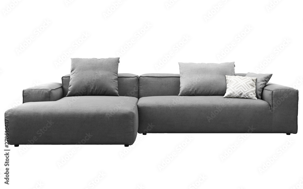 Obraz premium Modern gray fabric sofa with pillows. 3d render