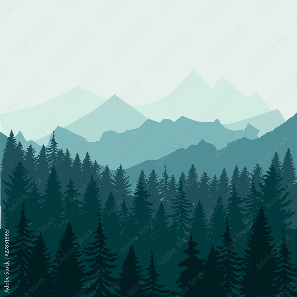 Fototapeta premium Pine forest and mountains backgrounds. Panorama taiga silhouette illustration vector EPS