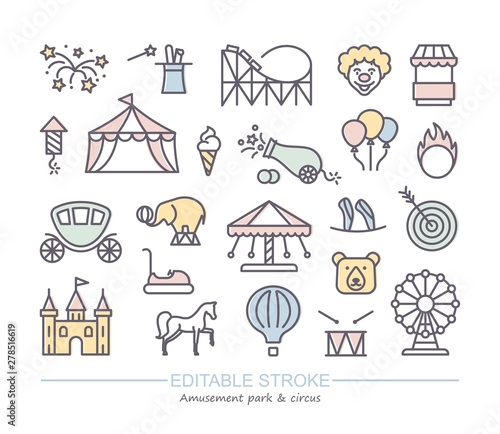 Linear icons with editable stroke on the theme of circus and amusement Park