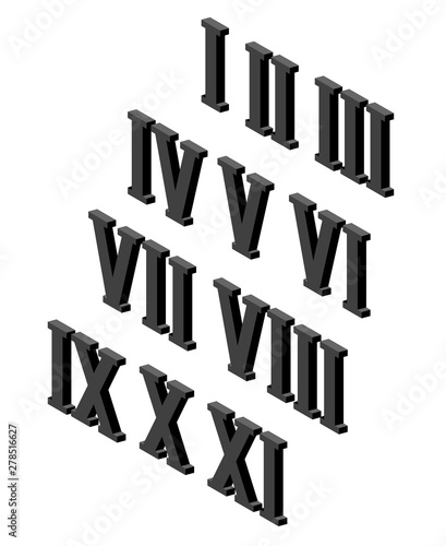 Roman numerals isometric icon set. Numeric system originated from ancient Rome, chart from 1 to 12. Vecto rstyle illustration isolated on background EPS