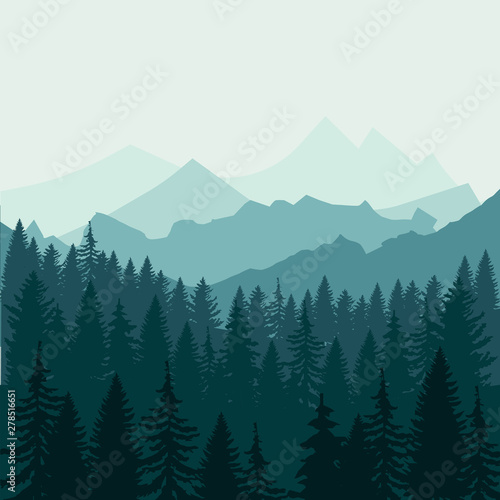 Pine forest and mountains backgrounds. Panorama taiga silhouette illustration vector EPS