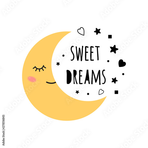Sweet dreams wish for baby text Yellow sleeping smiling moon Positive short phrase poster Cute card banner logo