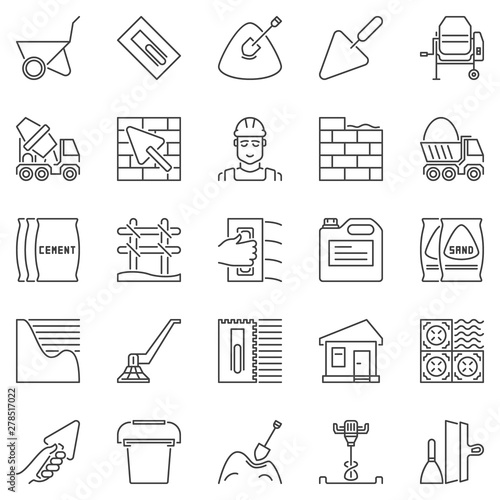 Cement and Concrete outline icons set. Vector construction concept symbols in thin line style