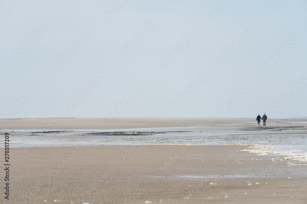 Meer mit Sandstrand und Spaziergänger am Horizont