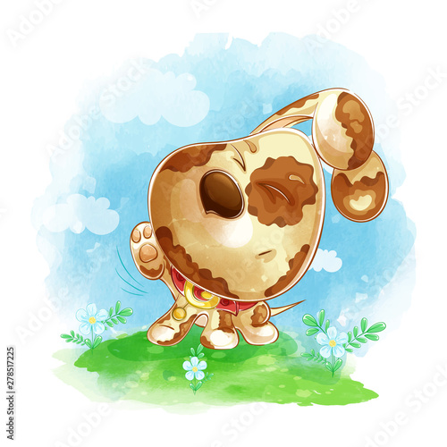 Funny spotted puppy itches his back paw on a green meadow with flowers. Watercolor landscape background. Vector childish cartoon character.