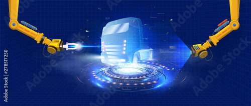 Automated robotic arm on the  production line is welding truck body on automobile factory. The robots draw the outline of the concept car with a laser and hologram. Futuristic truck in style HUD, GUI