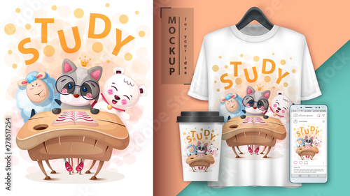 Fototapeta Naklejka Na Ścianę i Meble -  Cartoon school animals - mockup for your idea