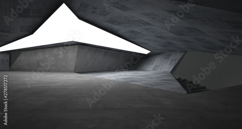 Abstract architectural concrete interior of a minimalist house with neon lighting. 3D illustration and rendering.