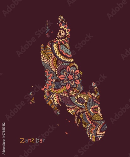 Textured vector Map Of Zanzibar. Illustration in hand drawing doodle style