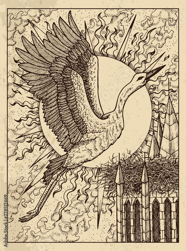 Stork. Mystic concept for Lenormand oracle tarot card.