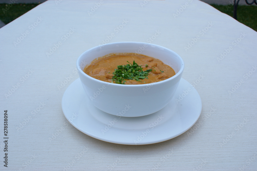 Chicken fillet in walnut sauce with spices (kharcho) on the table with a white tablecloth. Kharcho is a popular dish in Georgian cuisine Chicken fillet in walnut sauce with spices (kharcho) on the table with a white tablecloth. Kharcho is a popular dish in Georgian cuisine