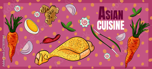 Banner Asian cuisine for a website or billboard. Image of cooking products. Cartoon style asian menu. - Vector.