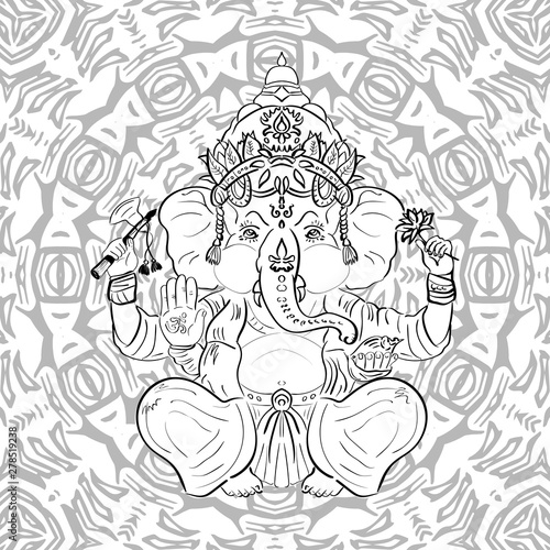 Hindu God Ganesha for coloring book or page - Vector.