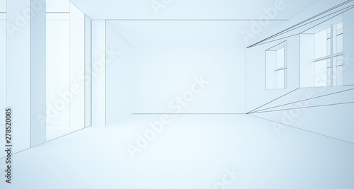 Abstract architectural white interior of a minimalist house with large windows. Drawing. 3D illustration and rendering.