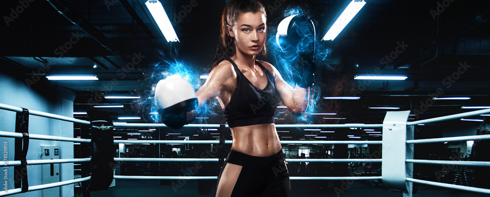 Sportsman, woman boxer fighting in gloves. on ring. Boxing and fitness concept. - obrazy, fototapety, plakaty 