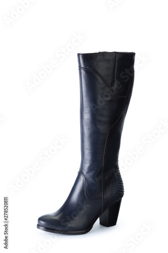 Woman high knee leather boots isolated on white background