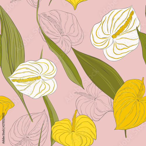 Seamless kala pattern with light yellow and white lily  flowers and  green long leaves on pink background.Modern calla  botanical nature design.