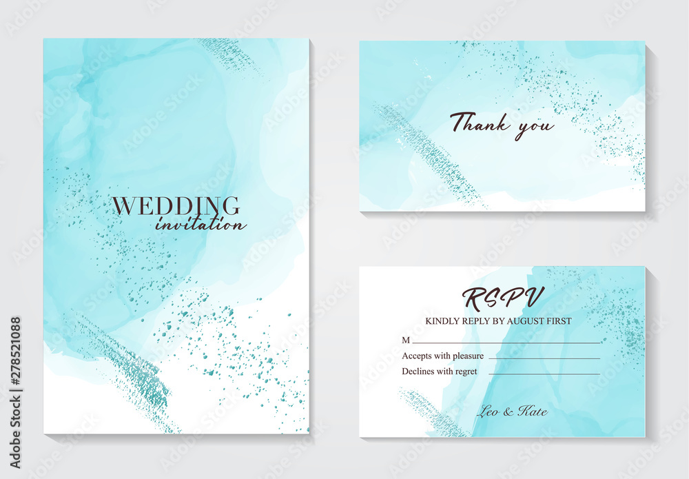 Vector blue wedding invitation alcohol ink card. Calligraphy artistic greeting card, holiday invitation ink with gold foil glitter. Party design 