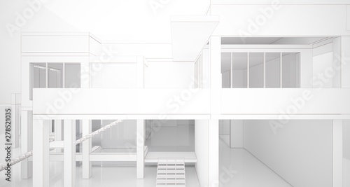 Abstract architectural white interior of a minimalist house with large windows. Drawing. 3D illustration and rendering. © SERGEYMANSUROV