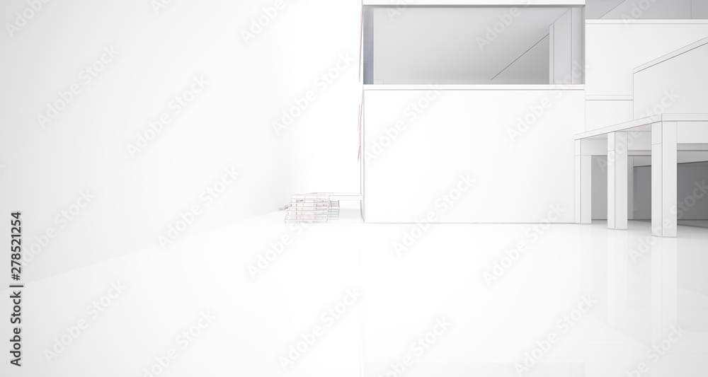 Fototapeta premium Abstract architectural white interior of a minimalist house with large windows. Drawing. 3D illustration and rendering.