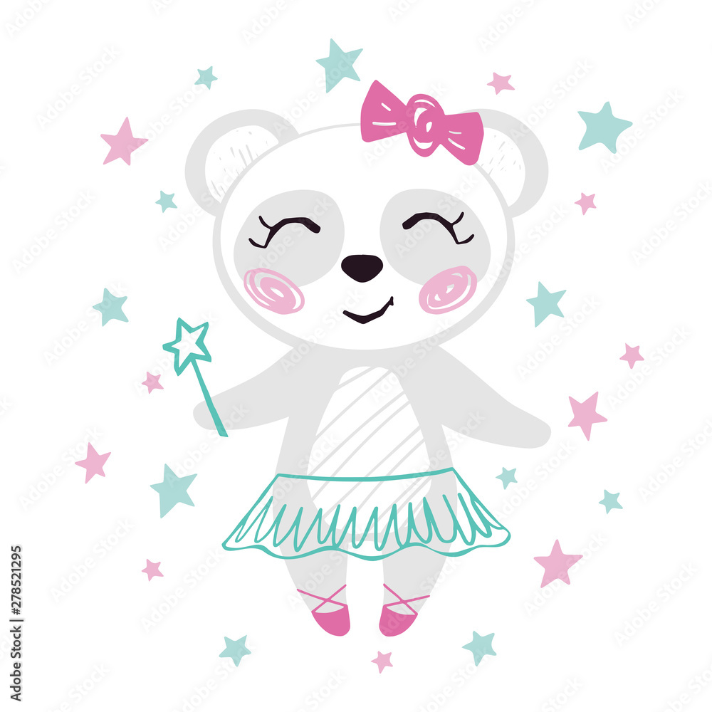 Panda baby girl cute print. Sweet bear with magic wand, bow, ballet tutu, pointe shoes.