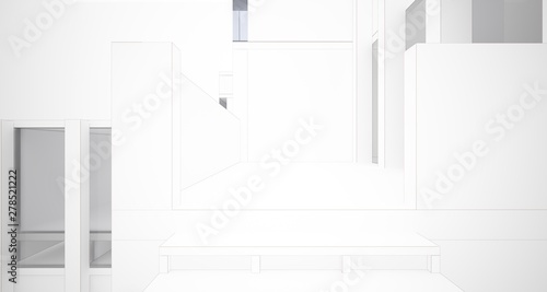 Abstract architectural white interior of a minimalist house with large windows. Drawing. 3D illustration and rendering.