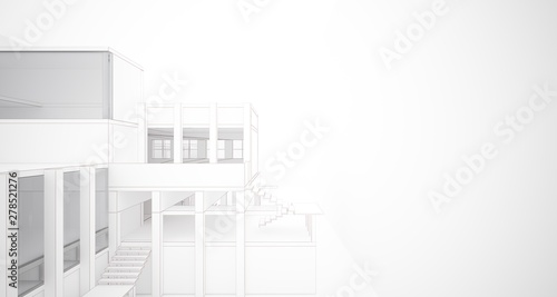 Abstract architectural white interior of a minimalist house with large windows. Drawing. 3D illustration and rendering.