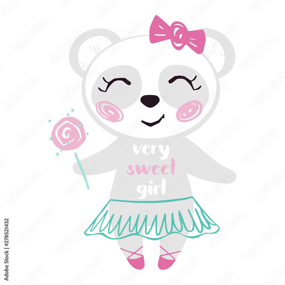 Panda baby girl cute print. Sweet bear with lollipop, bow, ballet tutu, pointe shoes and very sweet girl slogan. Panda baby girl cute print. Sweet bear with lollipop, bow, ballet tutu, pointe shoes and very sweet girl slogan.