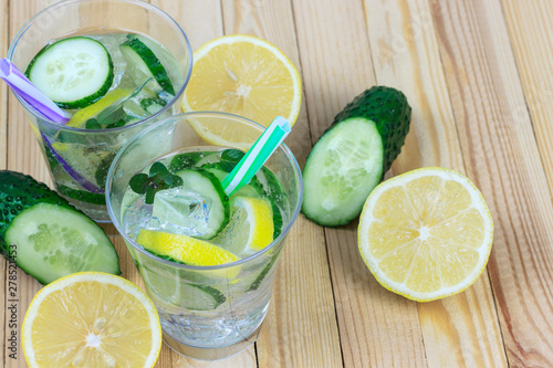 refreshing, vitamin lemonade, cucumber water with mint and lemon in a glass