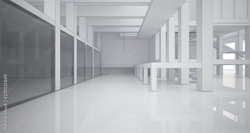 Obraz premium Abstract architectural white interior of a minimalist house with large windows. Drawing. 3D illustration and rendering.