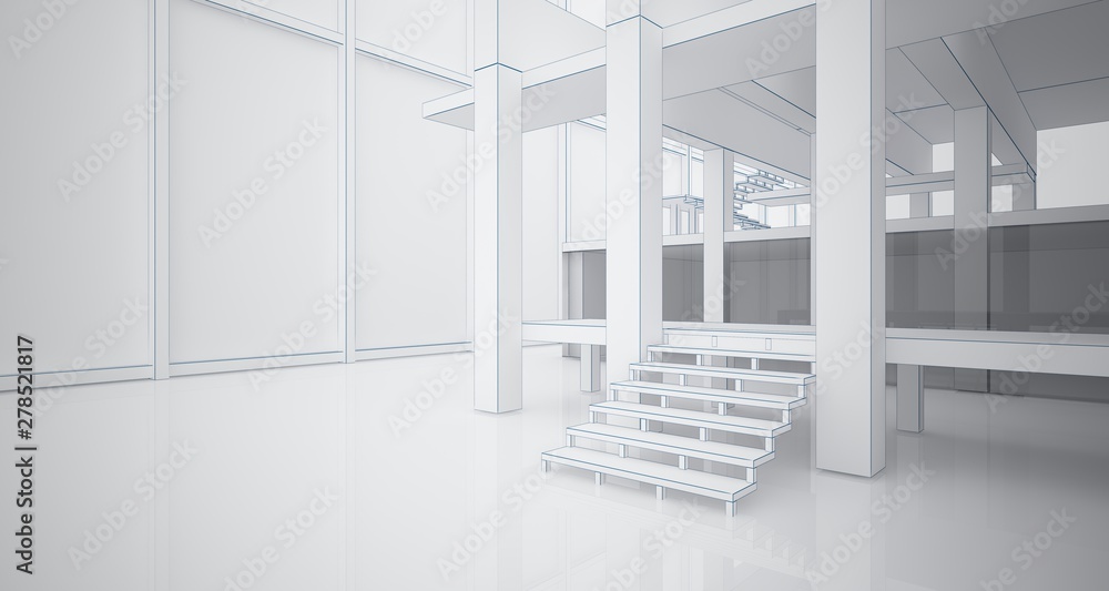 Fototapeta premium Abstract architectural white interior of a minimalist house with large windows. Drawing. 3D illustration and rendering.