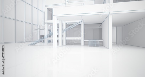 Abstract architectural white interior of a minimalist house with large windows. Drawing. 3D illustration and rendering.