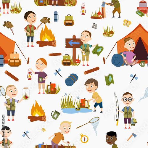 Seamless pattern different boys tourist on nature. Camping. Fishing, mushroom picking, overnight in a tent, fun and relaxation. Children's camp. Scouts. Cute Vector Illustration