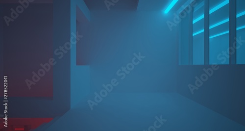 Abstract architectural white interior of a minimalist house with color gradient neon lighting. 3D illustration and rendering.