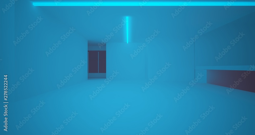 Abstract architectural white interior of a minimalist house with color gradient neon lighting. 3D illustration and rendering. Abstract architectural white interior of a minimalist house with color gradient neon lighting. 3D illustration and rendering.