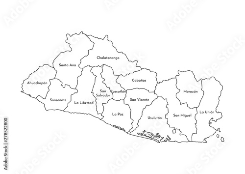 Vector isolated illustration of simplified administrative map of El Salvador. Borders and names of the departments  regions . Black line silhouettes
