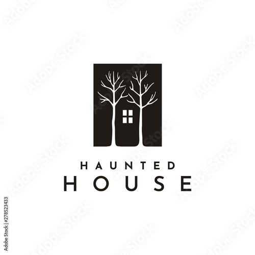 Dark House Window Cabin with forest tree illustration logo
