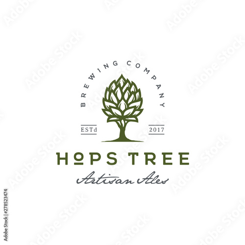 Hops with Tree for Vintage Beer Brewing Brewery logo design