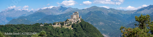Sacra di San Michele or Saint Michael's Abbey and the alps, Piedmont, Italy.
